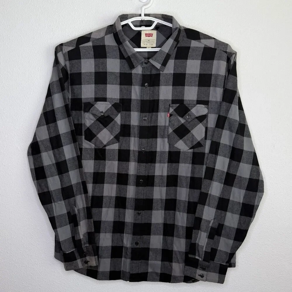 Levi’s Buffalo Plaid Flannel Shirt Gray Black Button Up Men’s XXL 2XL Longsleeve
